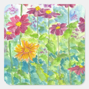 Adesivo Quadrado Jardim de Aquarela Rosa Zinnia
