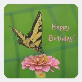 Adesivo Quadrado Jardim de Borboleta Feliz de Aniversário