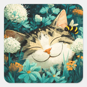 Adesivo Quadrado Jardim de Flores de Gato Adormecido com Abelha em