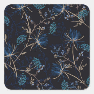 Adesivo Quadrado Jardim Escuro: Floral Azul Monotone