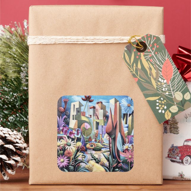 Adesivo Quadrado Jardim Surreal - Ilustração Floral design 1 (Feriado)