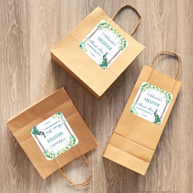 Adesivo Quadrado jasmim pavão flores em arco casamento indiano mehn (Peacock jasmine Indian wedding mehndi favor gift thank you stickers mehandi favor stickers)