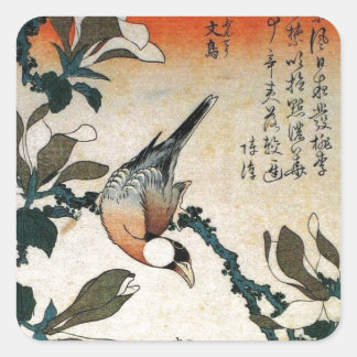 Adesivo Quadrado Java Sparrow e Kobushi Magnolia (por Hokusai)