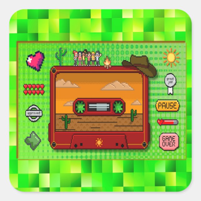 Adesivo Quadrado Jeans games pixel art. (Frente)