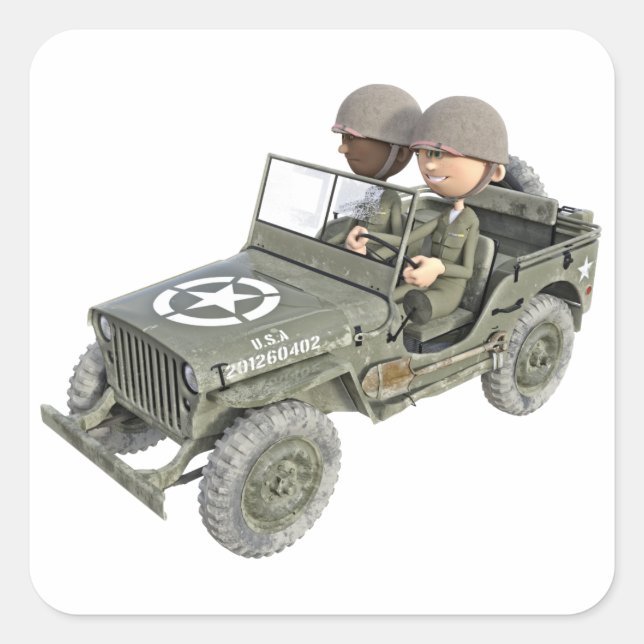 Adesivo Quadrado Jeep com 2 soldados de desenho animado (Frente)