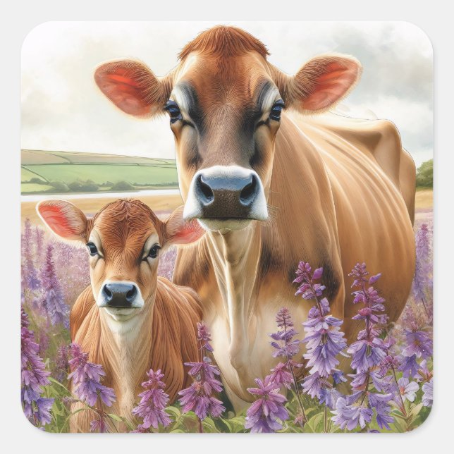 Adesivo Quadrado Jersey Cow e Calf Wildflower (Frente)