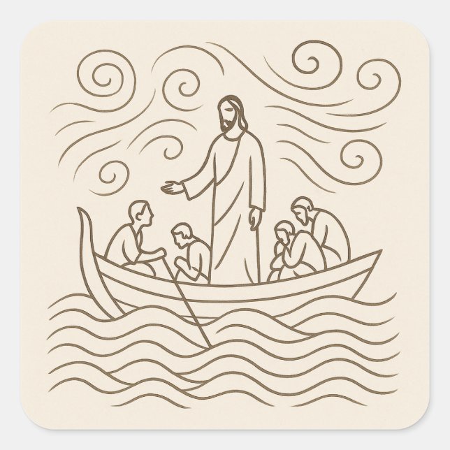 Adesivo Quadrado Jesus Calms the Storm Line Art Sticker (Frente)