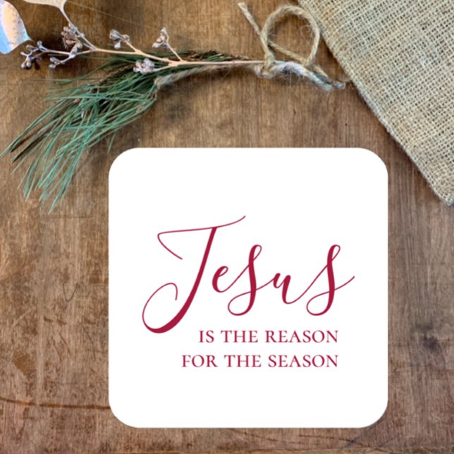 Adesivo Quadrado Jesus é a razão para a época do Natal Vermelho (Jesus is the reason for the season, Christian faith sticker. Stylish red script, pretty Christmas )