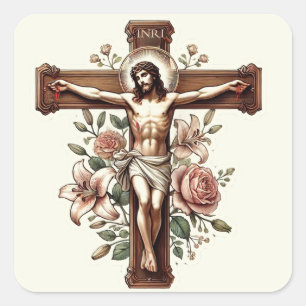Adesivo Quadrado Jesus no Crucifixo com Rosas Religiosos