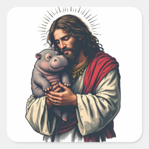 Adesivo Quadrado Jesus segurando um bebê Moo Deng Hippo