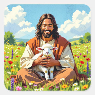 Adesivo Quadrado Jesus segurando um Cordeiro Religioso Cristão