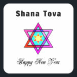 Adesivo Quadrado Jewish Star Shana Tova<br><div class="desc">Shana Tova Jewish Star apresenta o estilo hebraico,  estrela de vidro manchada de David e saudação ensolarada por um Feliz ano novo.</div>