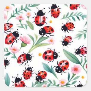 Adesivo Quadrado Joaninhas fofas e padrão de flores branco
