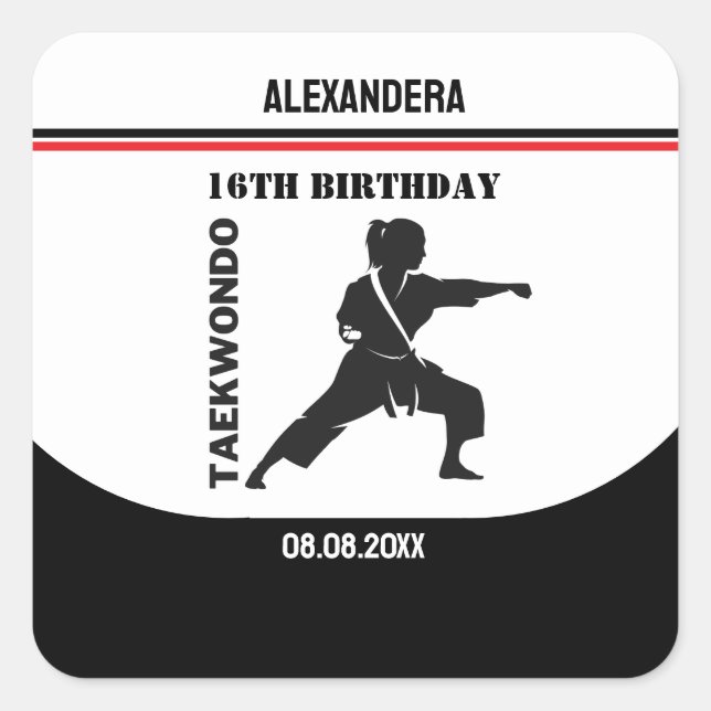 Adesivo Quadrado Jogador Taekwondo, Presente de Aniversário, Equipe (Frente)