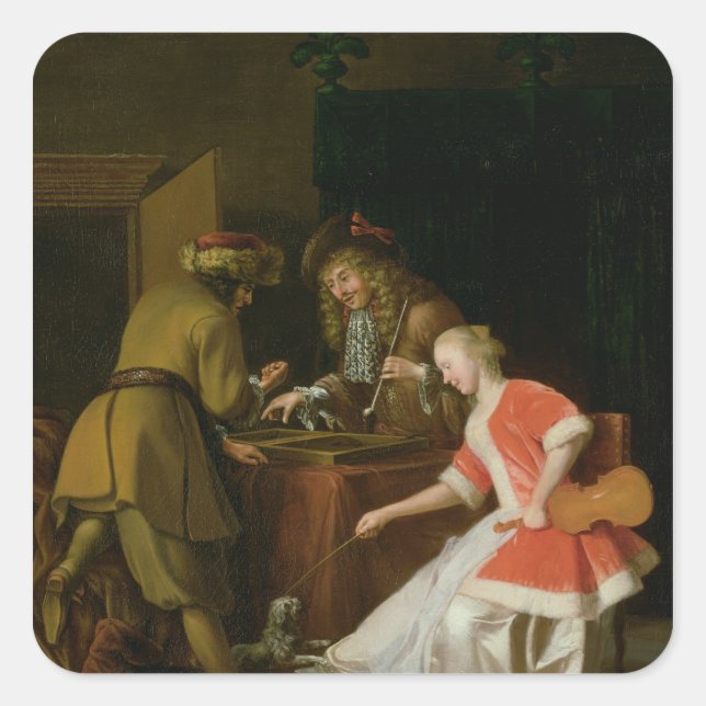 Adesivo Quadrado Jogadores Tric-track com uma dama e seu cão (Frente)