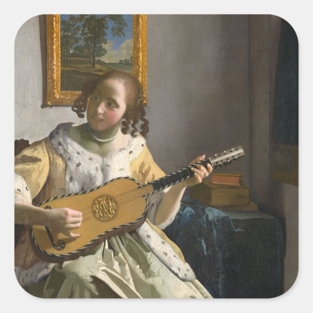 Adesivo Quadrado Johannes Vermeer - Tocador de Violão (Frente)