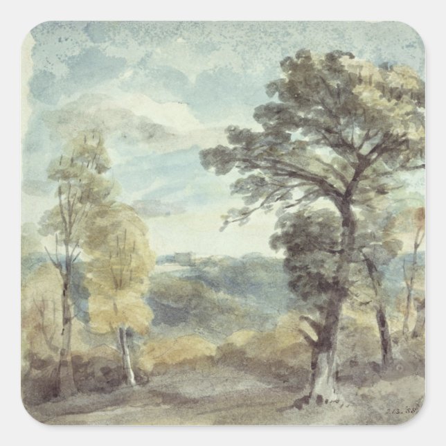 Adesivo Quadrado John Constable | Paisagem com Árvores e um Distão (Frente)
