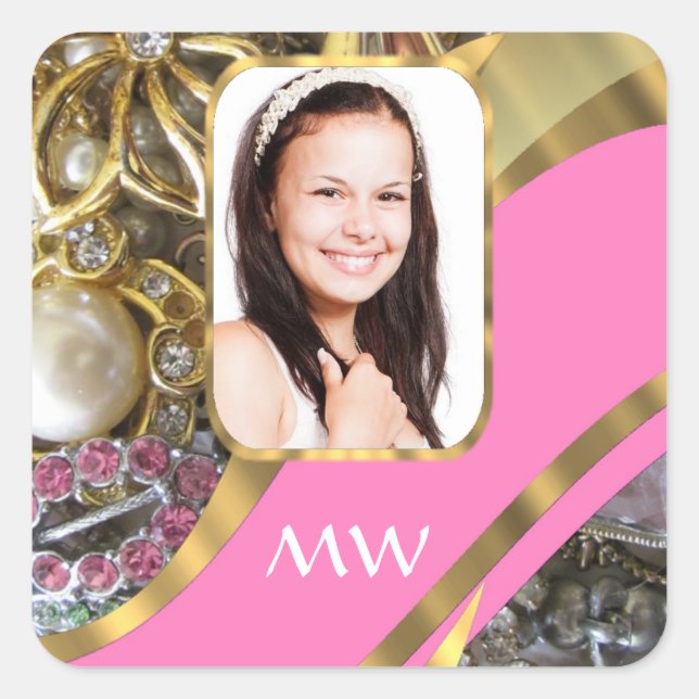 Adesivo Quadrado Joias cor-de-rosa de fundo personalizado (Frente)