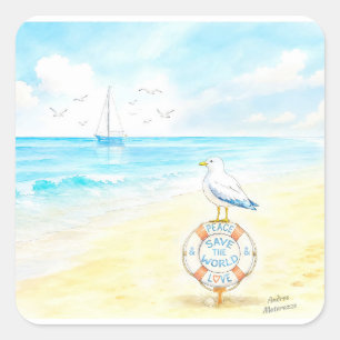 Adesivo Quadrado Jon Seagull - Paz & Amor Salvam o Mundo