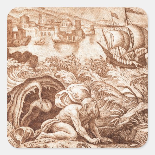 Adesivo Quadrado Jonah e a Baleia, ilustração de uma Bíblia, en (Frente)