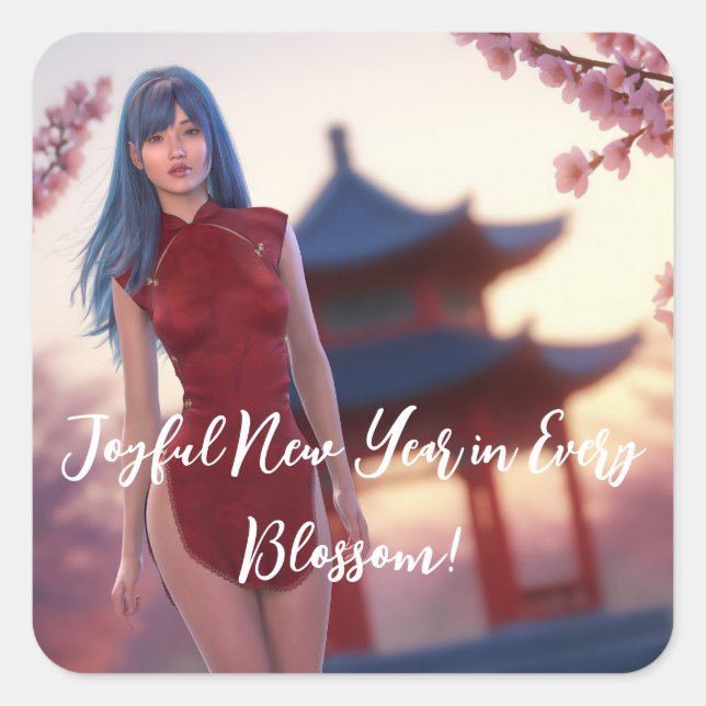 Adesivo Quadrado Jovem Cheongsam Bela Posicionando para Ano Novo Ch (Frente)