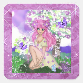 Adesivo Quadrado Jovem Garota Sentada com Borboletas