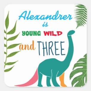 Adesivo Quadrado Jovem Selvagem e Três Dinossauro 3º Aniversário