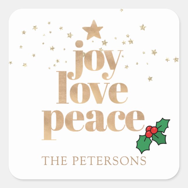 Adesivo Quadrado Joy, Love, Peace | Natal Simples Moderno (Frente)