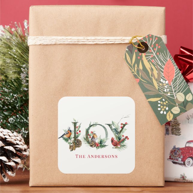 Adesivo Quadrado JOY Pine Cone Red Berry Feriado de Natal (Feriado)