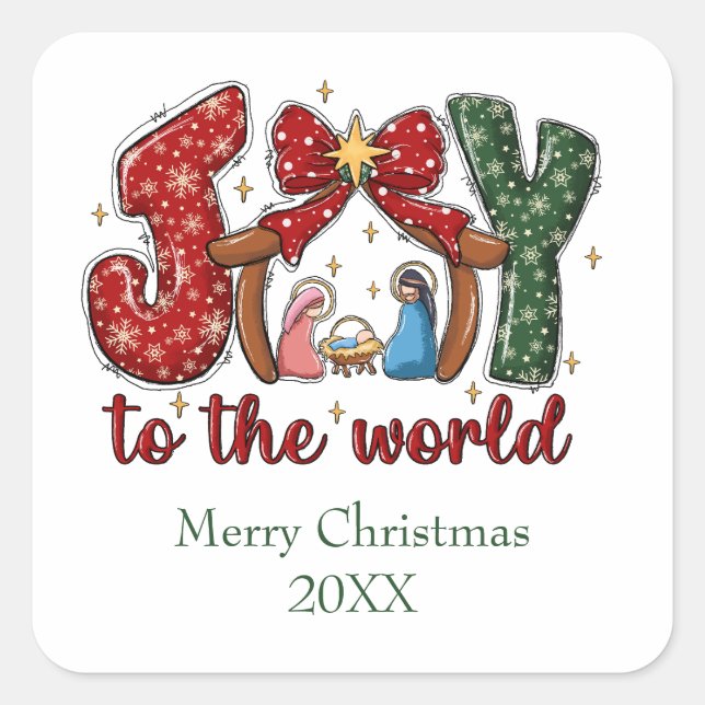 Adesivo Quadrado Joy to the World Felry Christmas Manger Scene (Frente)