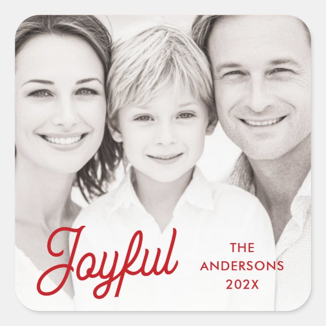Adesivo Quadrado Joyful red festive retro font name year photo (Frente)