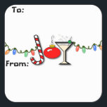 Adesivo Quadrado Joyous Martini Gift Tag Sticker<br><div class="desc">Este adorável design apresenta luzes festivas e coloridas de férias amarradas para encontrar um texto único que é criado de uma cana-doce invertida, um Enfeites de natal retrorinspirado e um martini completo com azeitona verde. Já percebeu? O texto diz "Joy". O texto exclusivo adicional que lê "to" e "from" completa...</div>