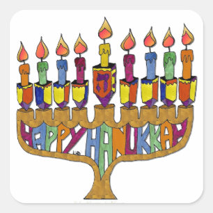 Adesivo Quadrado Judaica Happy Hanukkah Dreidel Menorah