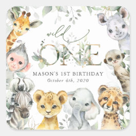 Adesivo Quadrado Jungle Animals, Safari, Wild One, First Birthday