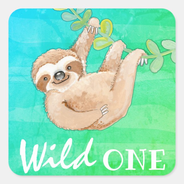 Adesivo Quadrado Jungle Sloth Wild One Party (Frente)