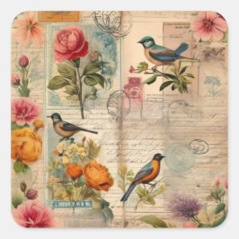Adesivo Quadrado Junk Journal Seite mit Blumen + Vögel -
