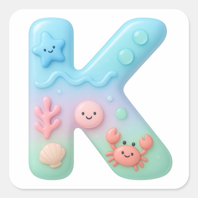 Adesivo Quadrado "K" Cute Letter - Underwater Sea Creatures  (Frente)