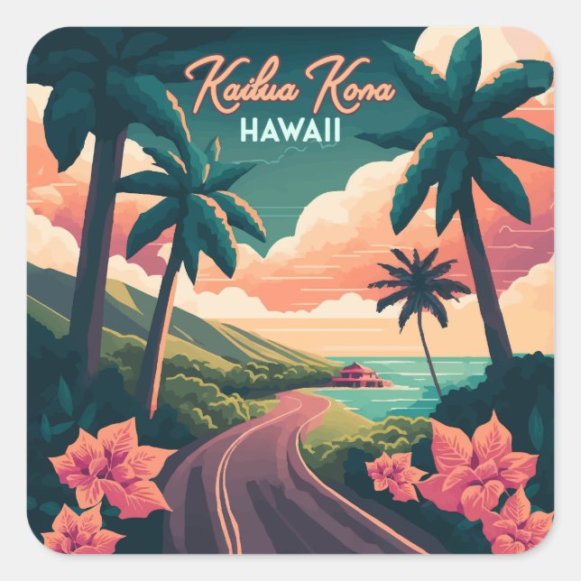 Adesivo Quadrado Kailua Kona Hawaii Big Island Sunset Retro (Frente)