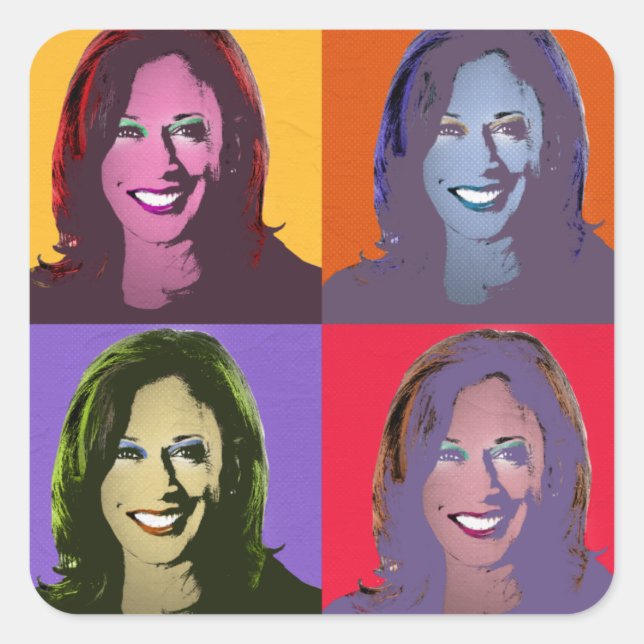 Adesivo Quadrado Kamala Harris Pop Art (Amarelo, laranja, roxo, ver (Frente)