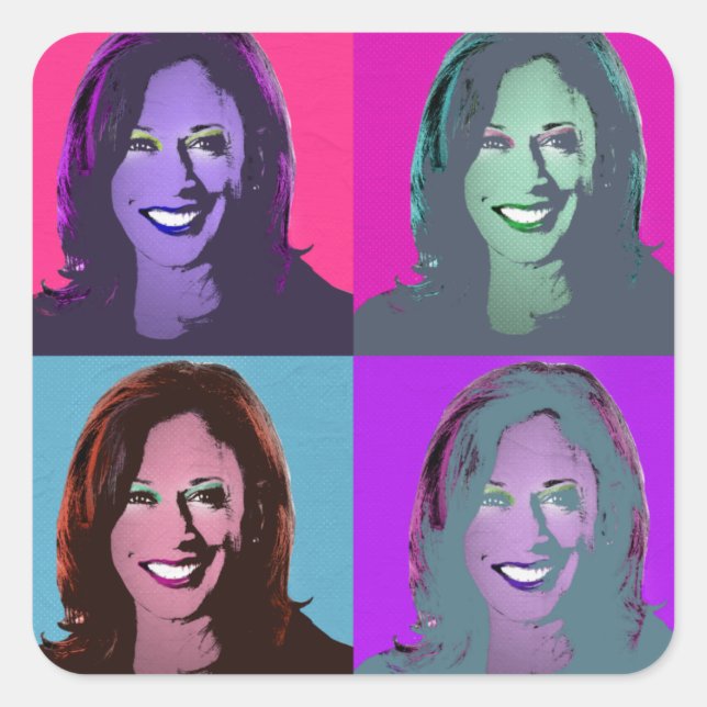 Adesivo Quadrado Kamala Harris Pop Art (rosa, magenta, azul, roxo) (Frente)