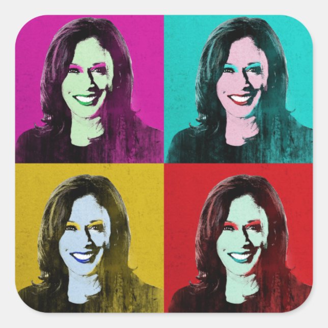 Adesivo Quadrado Kamala Harris Pop Art (Rosa, Teal, Dourado, Vermel (Frente)