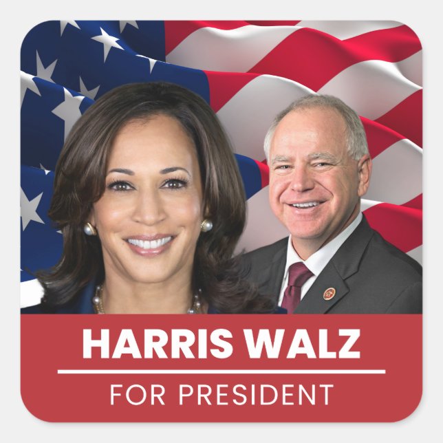 Adesivo Quadrado Kamala Harris Tim Walz Para O Presidente 2024 (Frente)