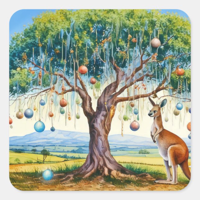 Adesivo Quadrado Kangaroo debaixo de uma árvore de natal (Frente)