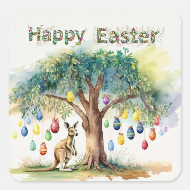 Adesivo Quadrado Kangaroo sob gumtree com ovos de Páscoa (Frente)