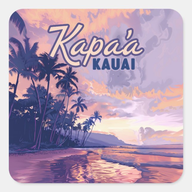 Adesivo Quadrado Kapaa Kauai Hawaii Beach Sunset Palm Tree Retro (Frente)