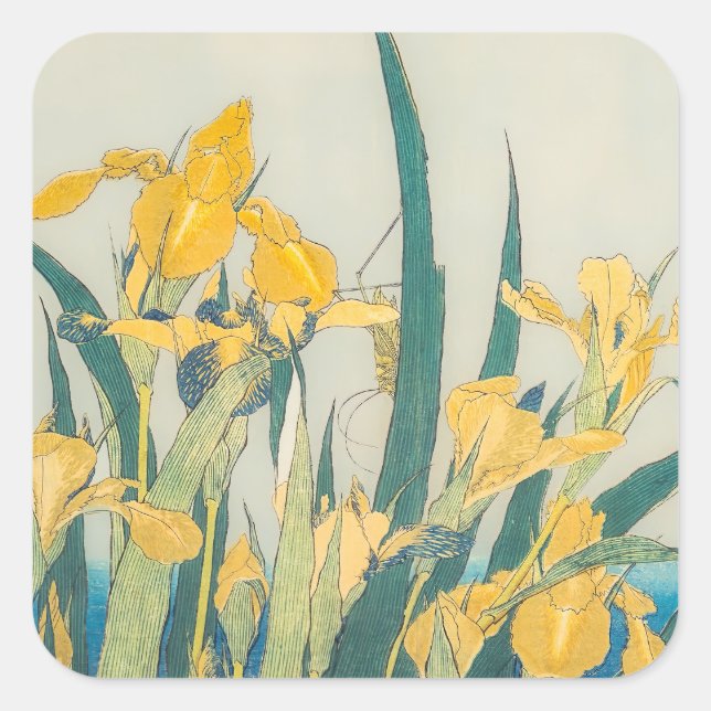 Adesivo Quadrado Katsushika Hokusai - Gafanhoto e Iris (Frente)