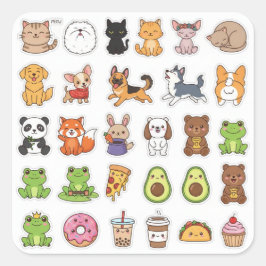 Adesivo Quadrado Kawaii Animals & Food Lover's Sticker Set