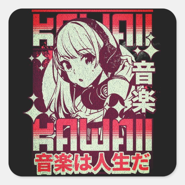 Adesivo Quadrado Kawaii Anime Girl Retro Music (Frente)
