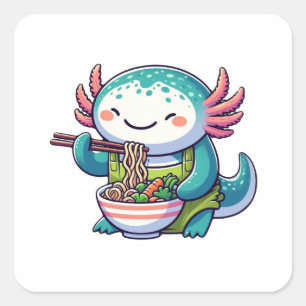 Adesivo Quadrado Kawaii Axolotl Eating Ramen