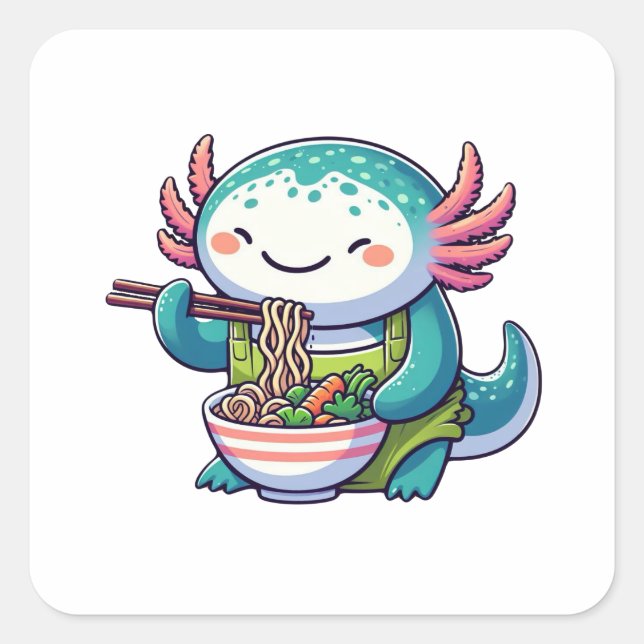 Adesivo Quadrado Kawaii Axolotl Eating Ramen (Frente)